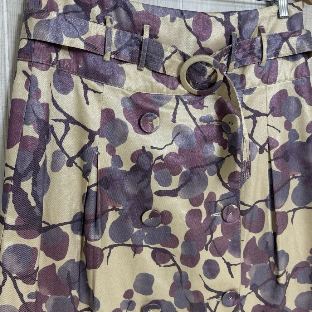 Y2K Belted A-Line Wrap Skirt‎ Satin Botanical Button Front EU 36 Jacquard